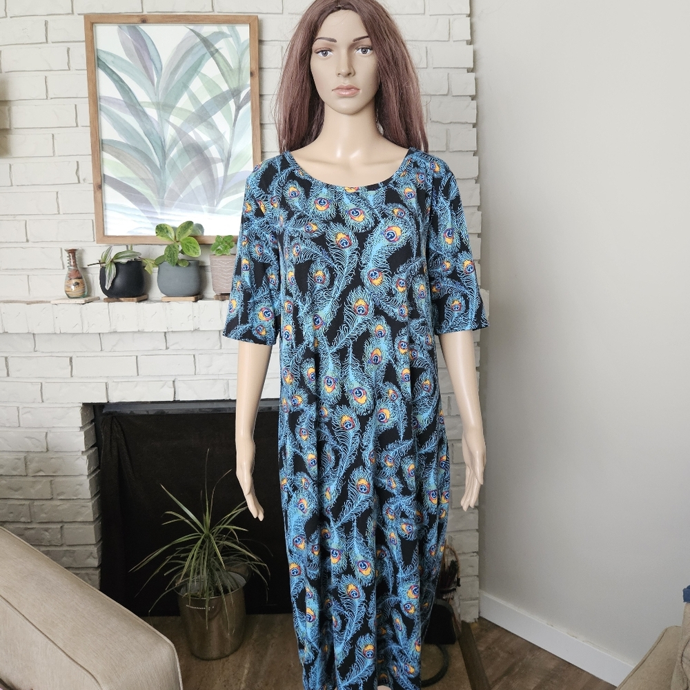 Lularoe dress plus size 3XL blue peacock feather print midi short sleeves